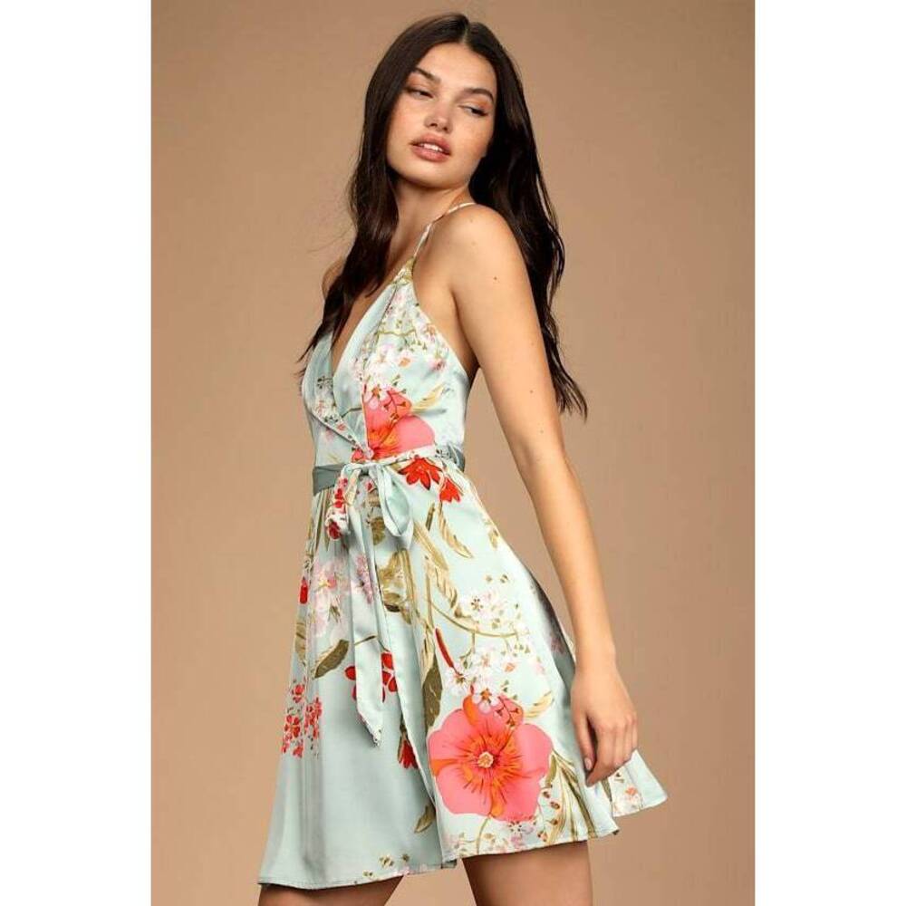 Lulus Yours Forever Sage Floral Print Skater Dress Green - Size XS